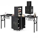 Belandi Dual-Station Nail Table Desk Foldable, 2 Desktop Folding Manicure Table Nail Workstation w/Dust Collector, Lockable Wheels, 2 Glass Open Shelves & Vertical Drawers, Wrist Cushion