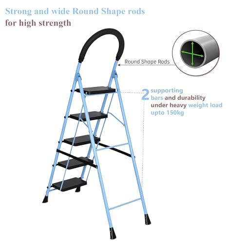 Image of FLIPZON 5 Step Folding Ladder for Home Use | Heavy Duty Steel Step Ladder with Anti-Skid Wide Steps & Soft Grip Handle | Strong, Safe & Durable Ladder for Kitchen, Cleaning & Office (Black & Sky Blue)