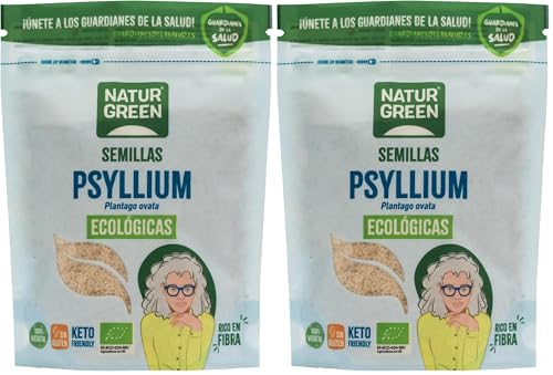 NaturGreen - Cáscara de Semilla Molida de Psyllium Ecológico, Plantago Ovata, Alto contenido en Fibra, Bajo Contenido de Grasa, Sin Gluten, Sin Huevo, Sin Lactosa, Contiene 100 g (Paquete de 2)