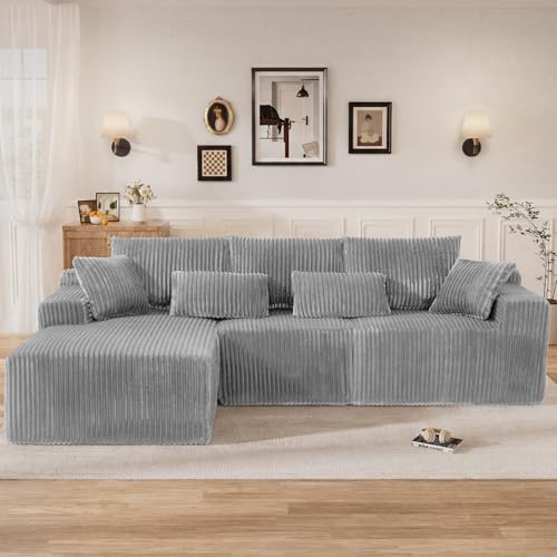 Image of 110 inch L Shaped Cloud Boneless Sectional Couches for Living Room, Modern Comfy Modular Deep Seat Memory Foam Compressed Corduroy Sofa Oversized Left Facing Chaise, No Assembly Required, Grey