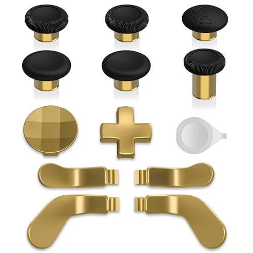 Image of eXtremeRate 13 in 1 Metal Thumbsticks for Xbox One Elite Series 2 Controller, 6 Metal Joystick & Adjustment Tool, 2 D-Pads, 4 Paddles for Xbox Elite Series 2 Core Controller - Metallic Hero Gold