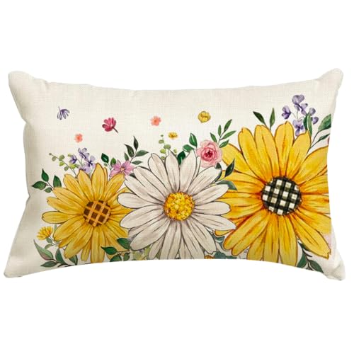 RABUSOFA Spring Summer Throw Pillow Covers 12x20,Sunflower Outdoor Lumbar Floral Cushion Case Decorations for Home Couch Sofa Yellow and White(2603-12)