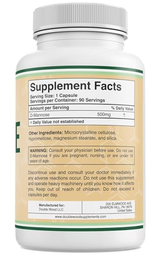 Double Wood Supplements D Mannose 500mg Capsules, 90 Count (D-Mannose for Urinary Tract Health and Bladder Lining, Helps UTI Prevention) Vegan Safe, Non-GMO, Gluten Free