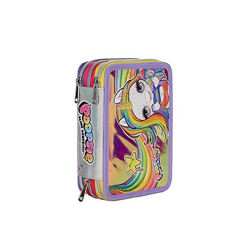 Auguri Preziosi Poopsie Pennenetui voor school, driedelig, etui en pennenetui met 18 kleurpotloden, 18 viltstiften en schrijfwarenset