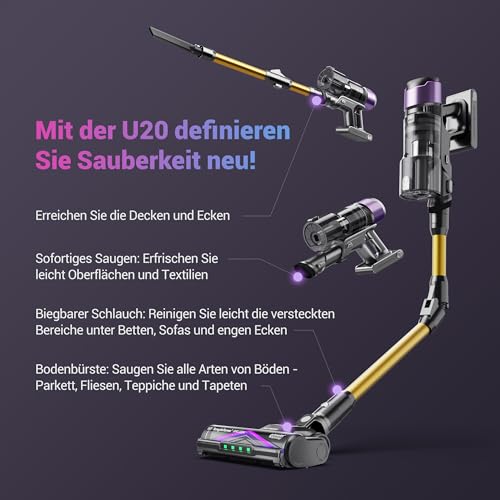 Ultenic U20 Akku Staubsauger, 55000Pa/ 600W/60Min Staubsauger Kabellos Mit Selbststehendes Design, Flexibles Biegegelenk, GreenEye-Technologie, Anti-Tangle Bodenbürste für Hartböden Teppiche Tierhaare - 13