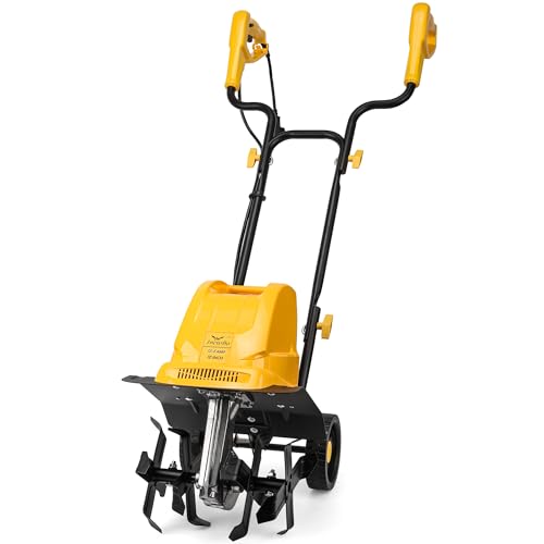 IncwBo Electric Tiller/Cultivator 4 Steel Tines, 8'' Tilling Depth Garden Roto Tillers for Gardening, 13.5 Amp 12 Inch Corded Rototiller with Adjustable Wheels, Yellow