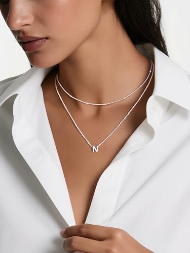 ChicSilver Layered Initial Necklace for Women, 925 Sterling Silver Personalized Letter A-Z Pendant Necklaces, Hypoallergenic Silver Choker with Adjustable 16" Rolo Chain, Dainty Birthday jewelry3