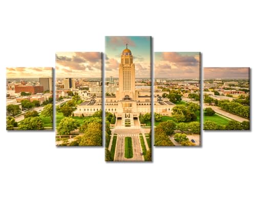 Wall Art US City Skylines Painting on Canvas Prints Lincoln Skyline and Nebraska State Capitol for Home Office Bedroom Living Room Kitchen Artwork Wall Decor Framed Pictures Ready to Hang (60"Wx32"H)