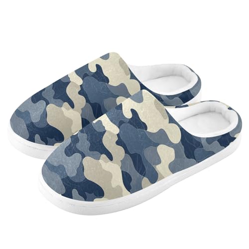 Camouflage Blue Beige Mens Cotton Slipper Soft Memory Foam Home Slippers for Travel Christmas Presents 6-74