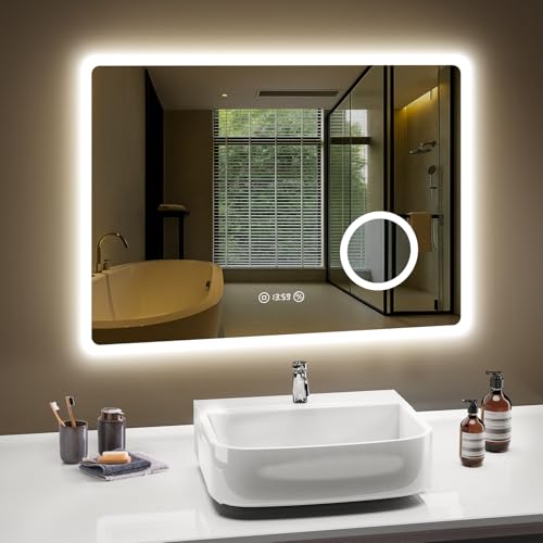 PESENXAN Uhr-Funktion Badspiegel mit Beleuchtung 80 x 60 cm, 3 Lichtfarben...