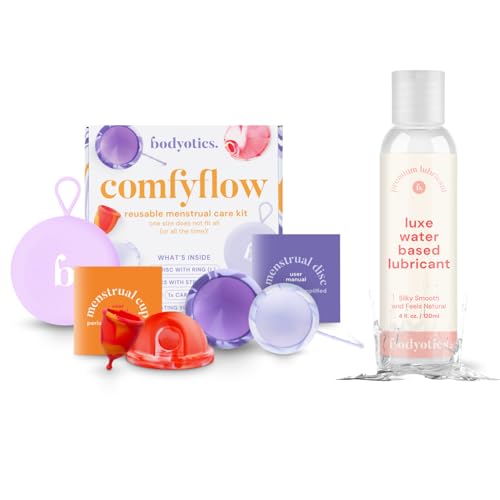 Image of Bodyotics Comfyflow Period Care Pack and Water-Based Lube Bundle (4 Fl Oz) - Menstrual Cup and Discs with String and Ring, Carrying Pouch, Comfort-Fit Design with E-Book Guide, Personal Lubricant