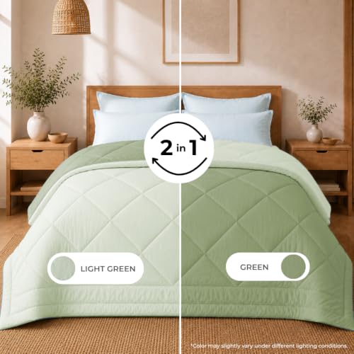 Image of King Size Comforter for Double Bed, 220 GSM Soft Microfiber AC Blanket, All Season Lightweight Reversible Bed Quilt, Premium Bedding, 90 x 100 Inch, Sage Green-Light Green