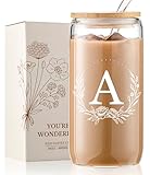 Personalized Gifts for Women, Monogrammed 16oz Glass Cups with Bamboo Lids and Straws, Customized Glass Tumbler, Cute Custom Mug, Customizable Initial Iced Coffee Glasses, Birthday Bridesmaid Mom, A