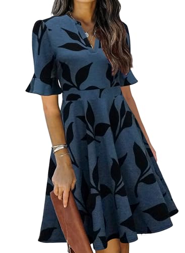 Image of Mokayee Womens Summer V Neck Ruffle Short Sleeve Fit and Flare Knee Length Church Wedding Guest Dresses with Pockets