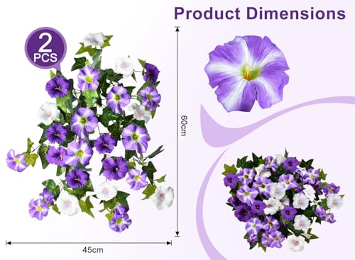 Image of Artificial Petunias 2 Packs UV Resistant, Purple White | Realistic silk no-fade faux flowers for outdoor hanging baskets, porch, patio, balcony garden decor,UV protected&weatherproof
