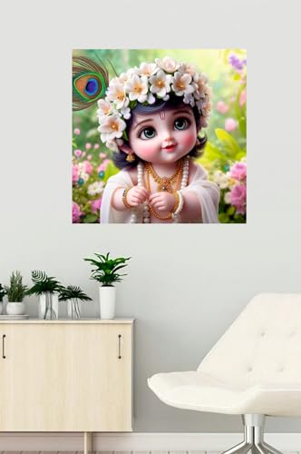 Image of Akki Wold Baby White Krishna In Pink Flower Garden wall poster For Living Room, Office, Pooja Room (Size - 41CM X 41CM)