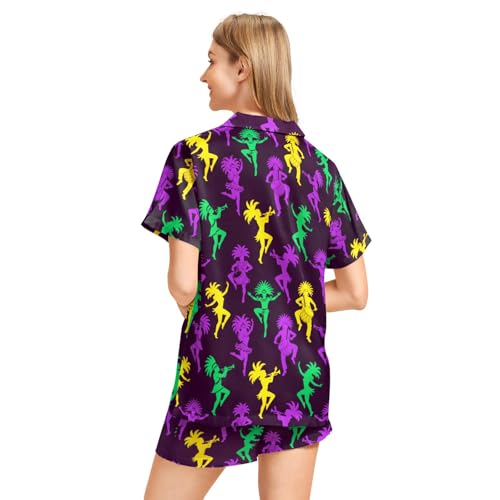Image of Funny Pajamas for Women Set Print Satin Loungewear Pjs Short Sleeve Button Down Top and Shorts Sets Sleepwear XS-3XL