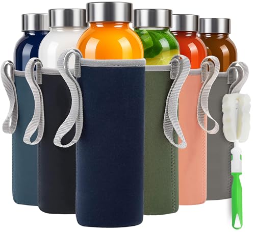 Epica glass bottles with lids – 18oz glass water bottles, reusable juice bottle with lids for storing juices, reusable water bottle durable & ecofriendly set of 6 with Sleeves