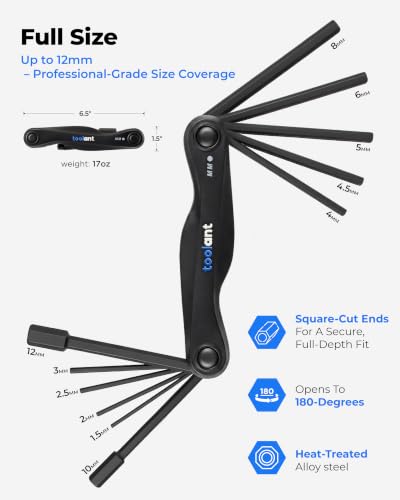 Image of toolant 11PCS Long Arm Folding Allen Wrench Set, Metric Hex Key Set 1.5mm-12mm, Extended Reach Allen Key Set with 4 Inch Long Arms, CRV Steel Foldable Hex Wrench Tool for Bike Repair, Home & DIY