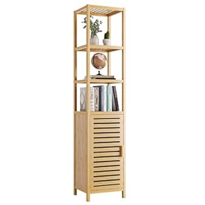 HITNET Bathroom Floor Cabinet, 6 Tier Tall Thin Linen Tower Storage Cabinet Free Standing Bamboo, Kitchen Side Organizer with 3 Shelves and Cupboard, Natural