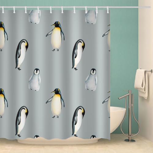MOXINO Pinguin Duschvorhang Anti-Schimmel 180x180 cm Polyester Stoff Textil Waschbar Wasserdicht Badvorhang 3D Pinguin Motiv Duschvorhänge Badezimmer mit 12 Haken（Stil 26-4）