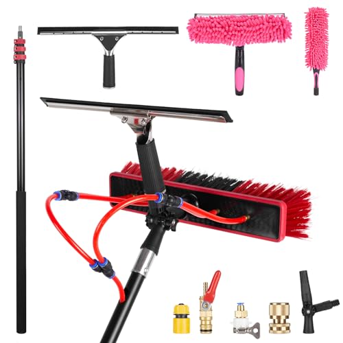 Image of 18ft Long Reach Solar Panel Cleaning Brush Kit, Adjustable Water Fed Pole & 2 Dusting Brushes for Window,Outdoor Window Roof Cleaner Kit