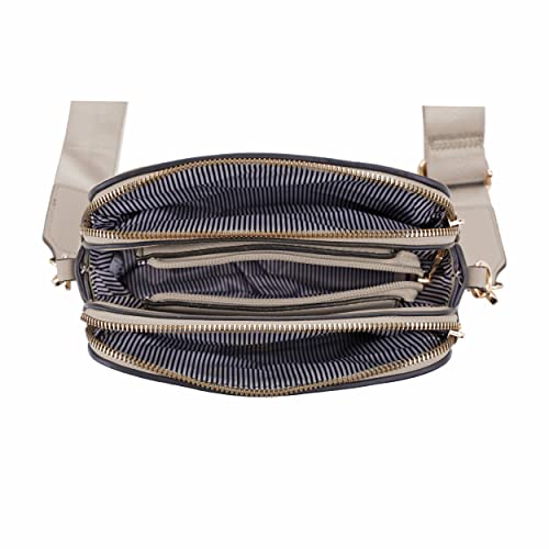 Evve Triple Zip Small Crossbody Camera Bag With Wide Guitar Strap | Taupe #TOP4