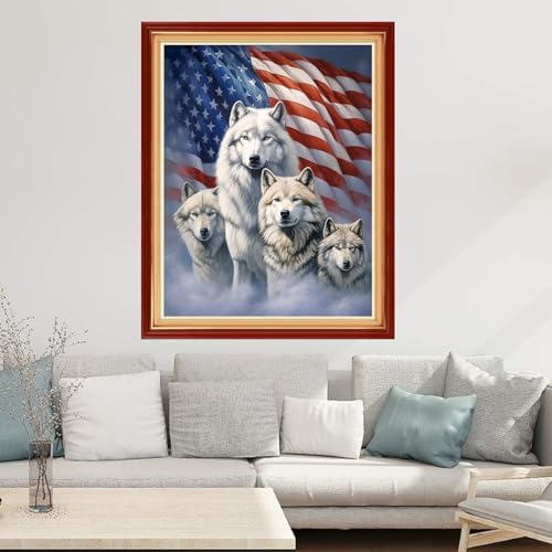 Image of Joyhoor Cross Stitch Kits for Beginners Stamped Cross-Stitch Supplies Needlework preprint Embroidery Kits for Adults DIY Needlepoint Kits Embroidery Patterns 11CT-Flag Wolf 16x20 inchs