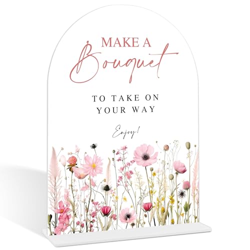 Pink Flower Make A Bouquet Sign, Flower Bar Supplies, Bridal Shower Decorations, Wedding Reception Decorations, Bridal Shower Centerpieces for Tables, Arch Acrylic Wedding Sign With Base-2