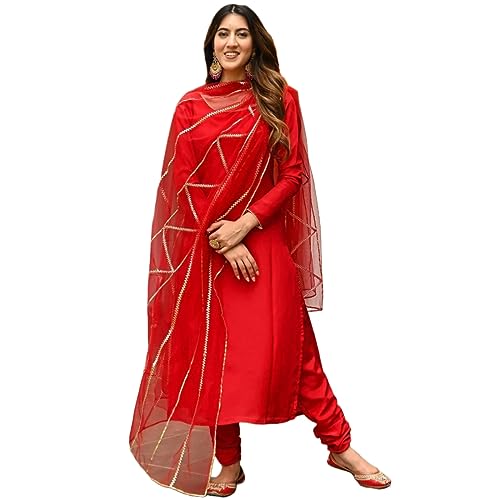 Image of GoSriKi Women's Cotton Blend Straight Solid Kurta with Pant & Dupatta