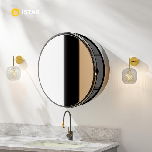Image of iSTAR Round Wall Mirror with Storage Shelf | Bathroom Vanity Cabinet with Hidden Storage Cabinet | Wall Mounted, Bathroom, Bedroom, Living Room