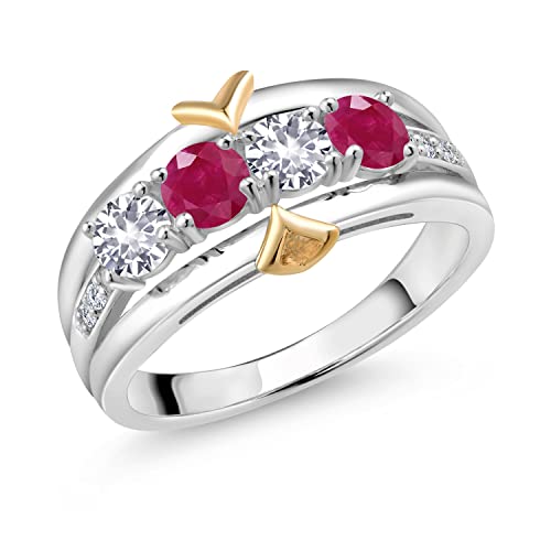 Gem Stone King 1.25 Ct White Created Sapphire Red Ruby 925 Silver and 10K Yellow Gold 4-Stone Lab Grown Diamond Band Ring (Size 9)