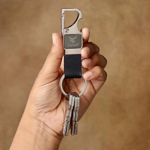 Image of Heavy Duty Metal Carabiner Keychain with Leather Strap for Men & Women | Premium Belt Clip Key Holder | Secure Spring Lock Key Ring for Car, Bike & Office Keys