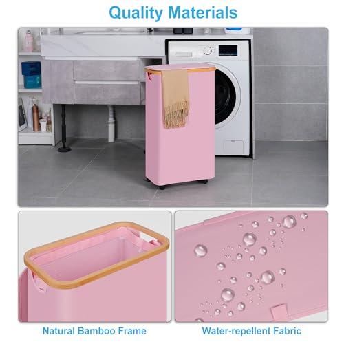 Image of efluky Slim Laundry Basket with Wheels, Narrow Rolling Laundry Hamper with Lid and Removable Bag, Tall Aesthetic Dirty Clothes Hamper on Wheels for Laundry Room, Bedroom, Dorm and Bathroom, 75L Pink