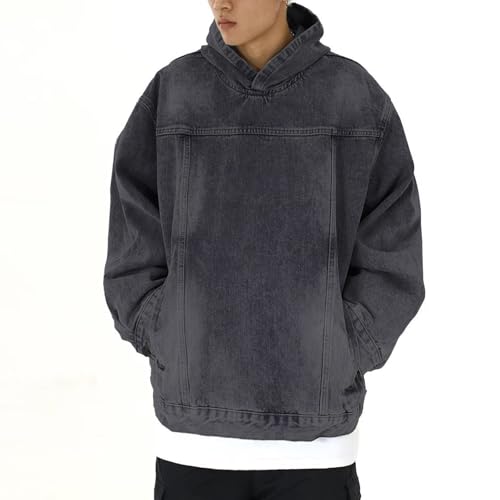 Men's Washed Distressed Denim Hoodie Oversized Long Sleeve Hooded Pullover Trendy Vintage Tops Outfits2