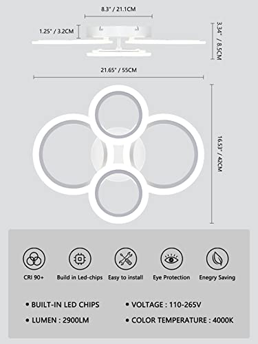TEMINBU Modern LED Ceiling Light, White 4 Rings Flush Mount Ceiling Light, 4000K Lighting Fixture Ceiling Lamp for Kitchen, Bedroom, Living Room, Laundry Room - Image 4