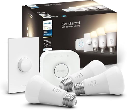 Philips Hue Starter Kit - Includes (1) Bridge, (1) Smart Button and (3) 75W A19 LED Bulb, Soft Warm White Light, 1100LM, E26 - Control with Hue App or Voice...