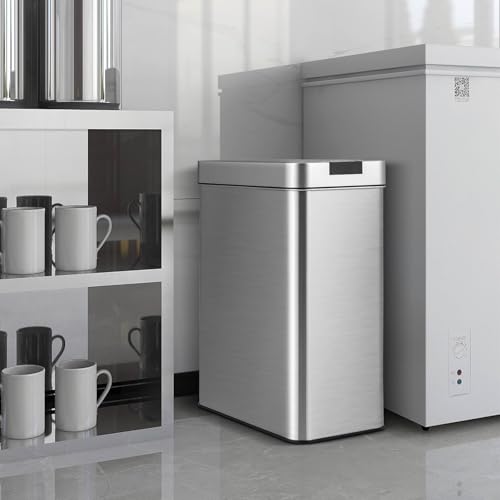 Costway Slim Kitchen Trash Can, Motion Sensor Garbage Bin with Wing Lids, Anti-Fingerprint Touchless Waste Bin with Soft-Closing & Stay Open Lid, Stainless Steel Garbage Can for Narrow Spaces