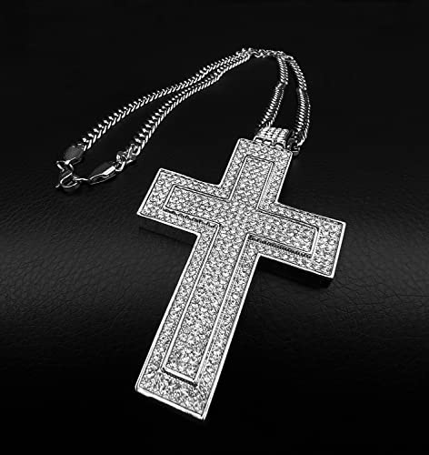 Orentini 3.5Mm Cuban Link Chain With Round Diamond Cz Iced Out 3" Cross Pendant Necklace For Men, Woman. 28 Inch Length Lobster Clasp (925 Sterling Silver Plated) #TOP2