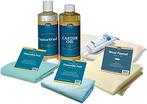Baar Castor Oil Packs Kit: Heating Pad with Auto Shut Off; Cold Pressed, Cold Processed, Hexane Free, Palma Christi Castor Oil; Reusable, Unbleached Wool Flannel Cloth; & Disposable Castor Oil Packs