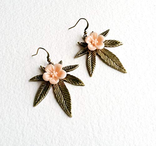 Marijuana Weed Pot Leaf Earring, Sakura Flower, Peach, Bronze
