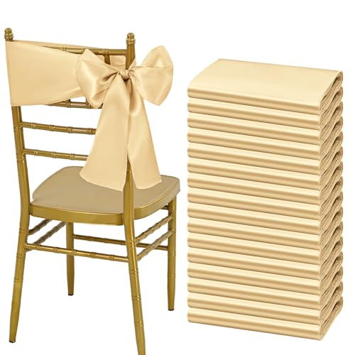 Showgeous 60 PCS Champagne Satin Chair Sashes Bows Decoration Chair Cover for Wedding Reception, 7 x 78 inch Chair Ribbons Bows for Banquet Party Baby Shower Event Decorations