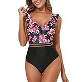 Naroote Traje de Baño de una Pieza con Correa, Traje de Baño Estampado de una Pieza con Espalda Cruzada de Moda con Ribete de Volantes de Cintura Alta para el Verano (S)