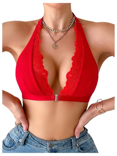 Image of SOLY HUX Bras for Women Halter Lace Front Closure Bralette | Wireless Bra, Deep V Neck, Triangle