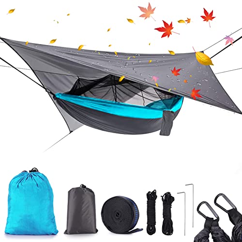 Camping Hammock, Double & Single Portable Hammock With Tree Straps, Lightweight Nylon Hammock Swing Set With Net And Rain Fly Tarp And Pocket For Backpacking Hiking Travel Outdoor #TOP18