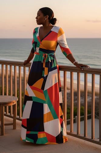 Image of FANDEE Plus Size Maxi Dress for Women Casual Summer Sundress V-Neck 3 /4 Sleeve