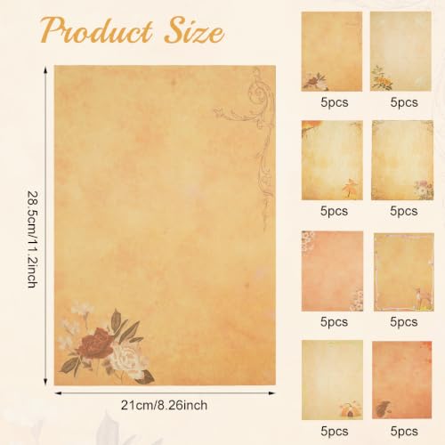 Image of HASTHIP 40 Pcs Letter Writing Paper - A4size 8 Designs Vintage Floral Decorative Handmade Paper Retro Stationery Antique Yellowish Craft Papers for Invitations, Scrapbooking, Journaling, 11.2x8.26in