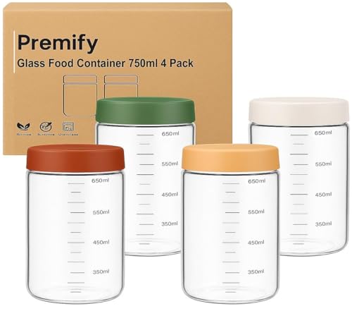 Premify 4-Pack 750ml Glass Jars with Screw Lids Leakproof & Airtight Containers for Overnight Oats Condiments Sauces Canning Spices & More Reusable & Food Safe