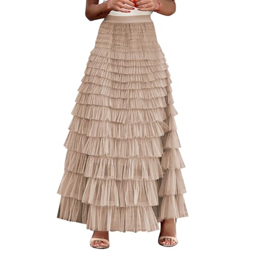 Long Tulle Skirt for Women Elastic High Waist Tutu A Line Fairy Skirt Mesh Layered Ruffle Skirt Tiered Maxi Skirts Petticoat