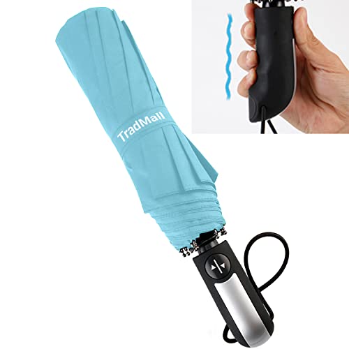 Tradmall Travel Umbrella Windproof With 46 Inches Large Canopy 10 Reinforced Fiberglass Ribs Ergonomic Handle Auto Open & Close, Sky Blue #TOP2